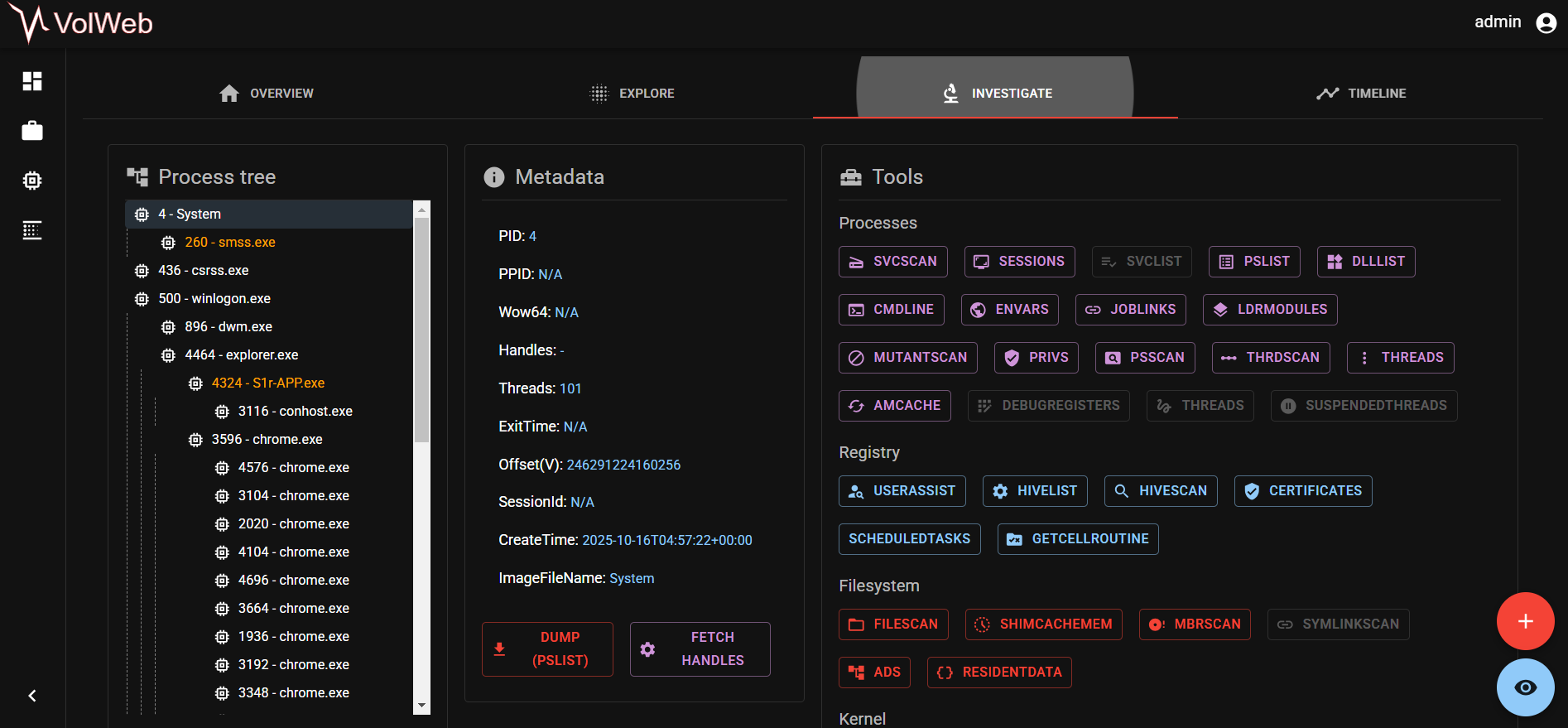 VolWeb Investigation view